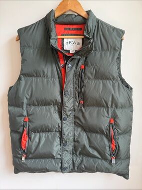 Orvis Down Puffer Vest Nylon Mens M Military Green With Orange